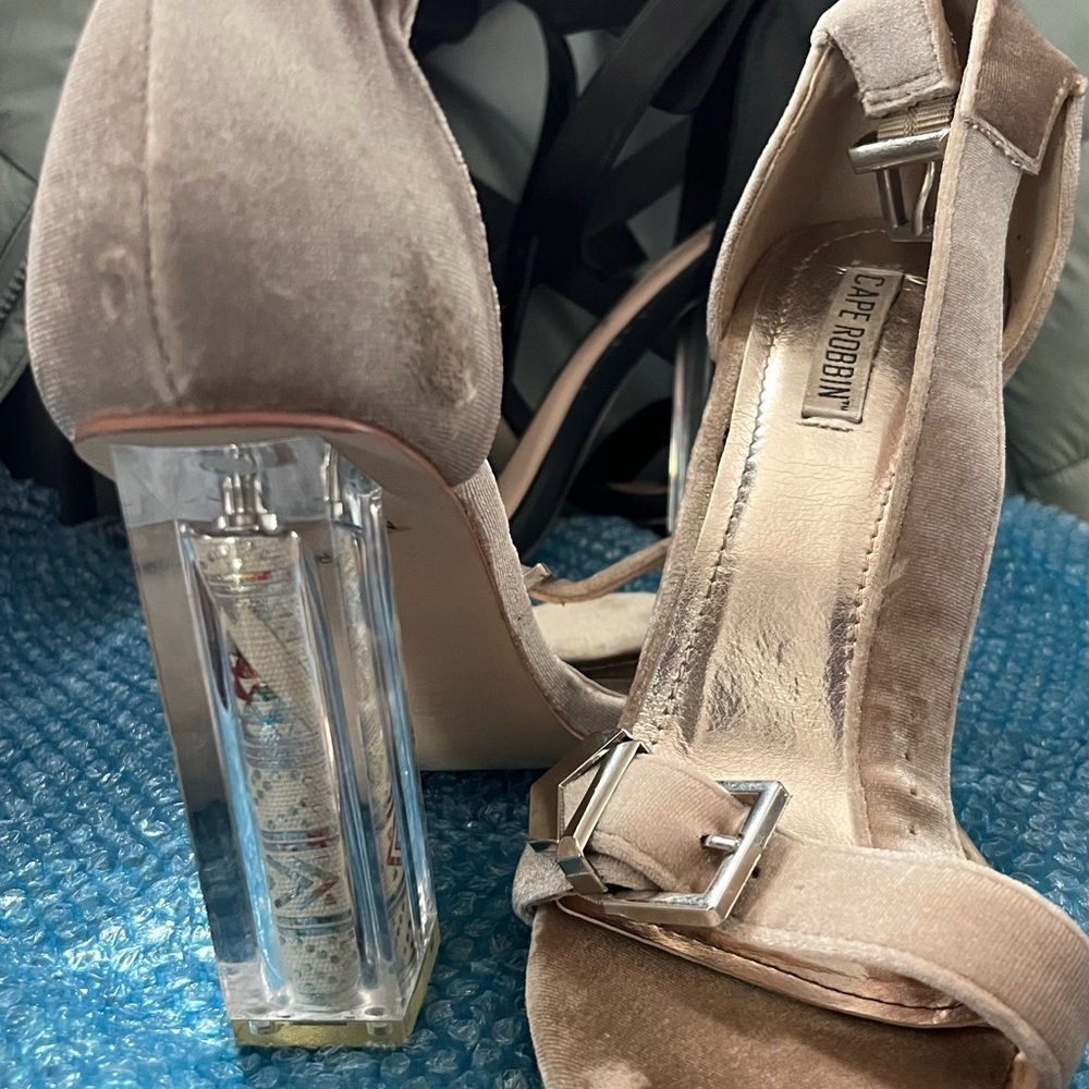 Shoe Dazzle Velvet Tan Heels with Clear Block Heel